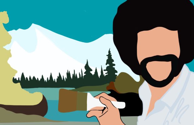 Illustration of Bob Ross holding a paintbrush