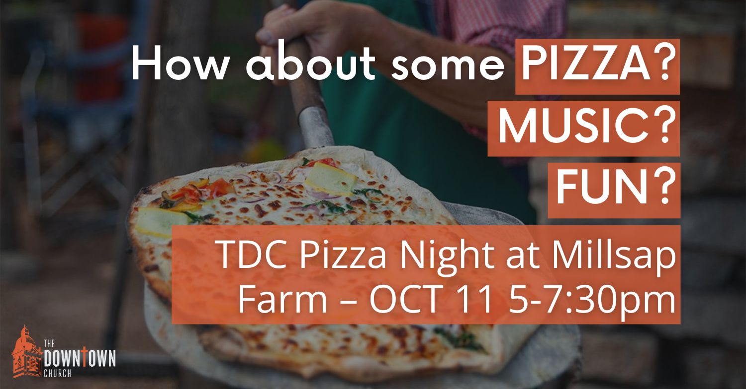 Illustration of pizza with the time & date October 11 from 5 to 7:30 