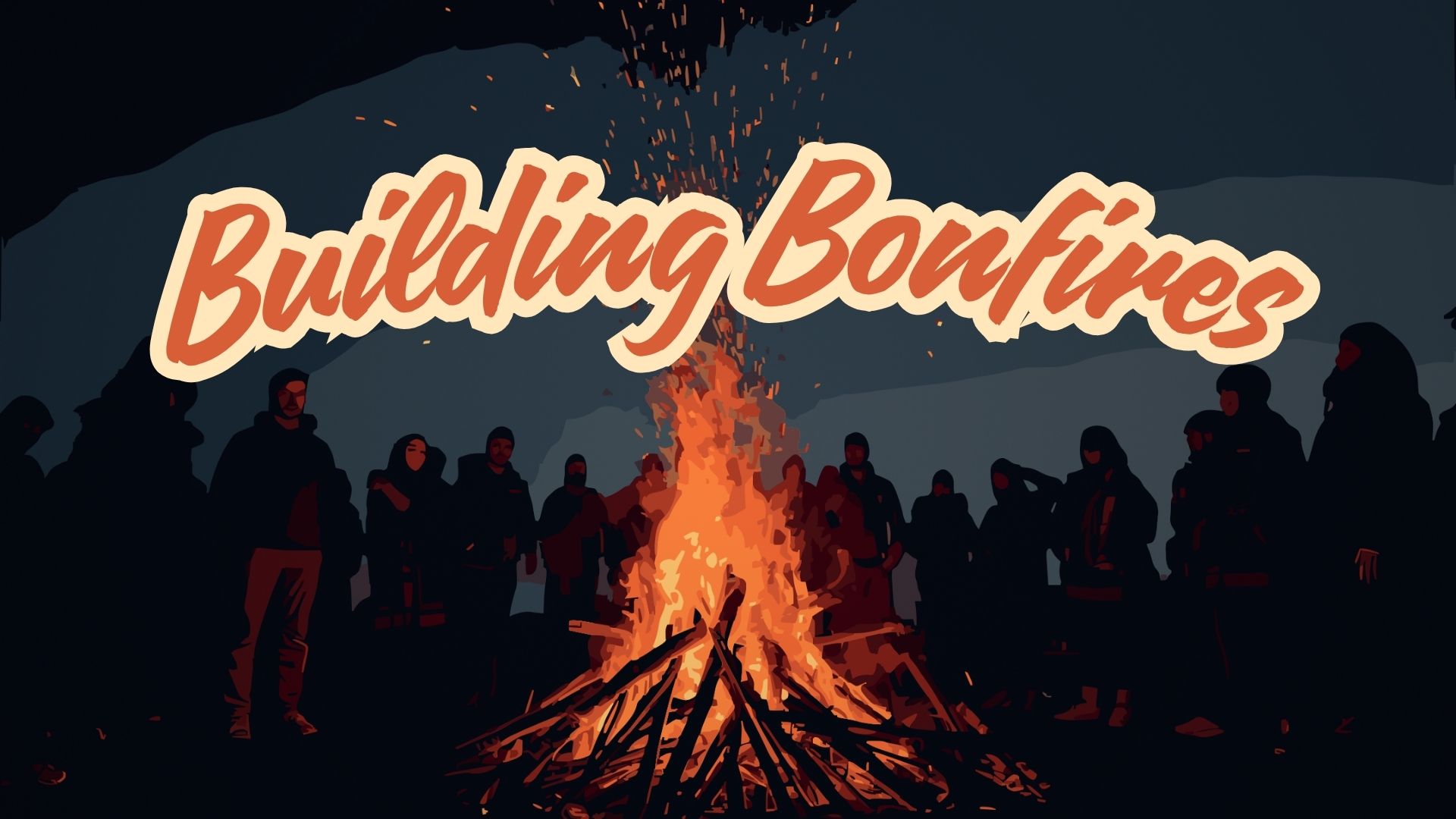 Illustration of people standing around a bonfire.